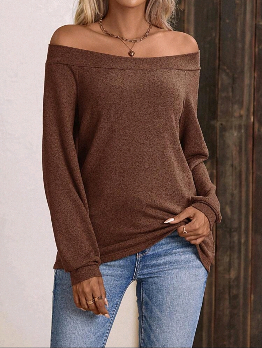 Off-Shoulder Brown Long Sleeve Light Weight Top Sizes 4 6 8 12 14 &20 - Picture 2 of 3